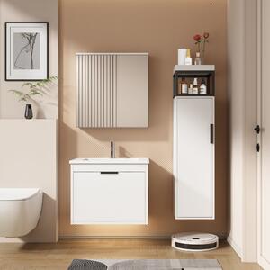 Set di mobili da bagno 3 pezzi, da con chiusura ammortizzata, armadietto a specchio e lavabo con bacino, MDF, Bianco