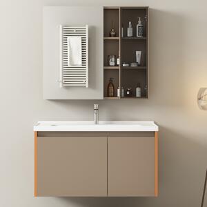 Set di mobili da bagno, mobile sospeso sotto lavabo lunghezza 90 cm con lavabo in ceramica e armadietto a specchio, design con struttura in metallo, armadietto a doppia anta, 90×47×75 cm,Marrone Chiaro