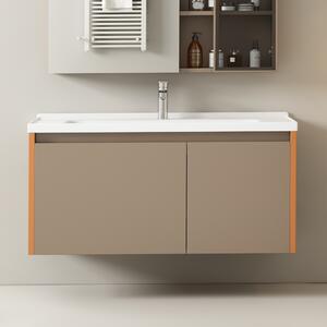 Mobile bagno singolo con lavabo e mobiletto, lavabo in ceramica, design con struttura in metallo, armadietto a doppia anta, 90×47×48 cm,Naturale & Marrone Chiaro