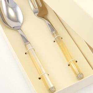 Confezione due pezzi Cucchiaione e Forchettone a servire PERLATO manicatura in acrilico con ghiera lunghezza 238 mm composizione in scatolata bomboniera serigrafata