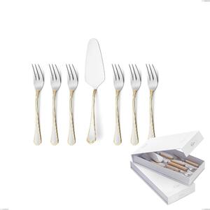 Confezione a libro 7 pezzi, forchettine pi� paletta dolce Domus Oro, acciaio 18-10, oro 24 carati lucido, spessore 3 mm