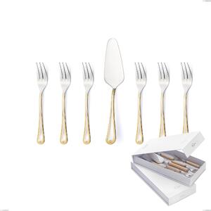 Confezione a libro 7 pezzi, forchettine pi� paletta dolce Firenze oro, acciaio 18-10, oro 24 carati , spessore 2.5 mm