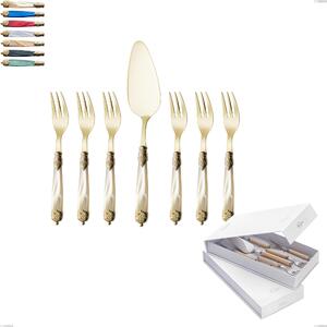 Confezione a libro 7 pezzi, forchettine pi� paletta dolce Mirage Perlato Tin gold, acciaio 18.10 con finitura pvd dorata colorato, manici in metacrilato