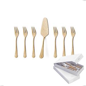 Confezione a libro 7 pezzi, forchettine pi� paletta dolce Royal Retr� PVD Gold, Acciaio 18/10 antico, spessore 2.5 mm, pvd oro