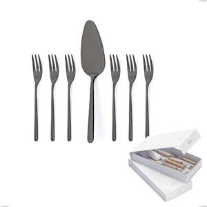 Confezione a libro 7 pezzi, forchettine pi� paletta dolce Venice Gun Metal, Acciaio Inox 18-10 trattamento pvd canna di fucile, spessore 4 mm