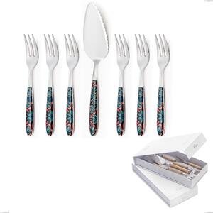 Confezione a libro 7 pezzi, forchettine pi� paletta dolce vero damasco, acciaio 18.0 nickel free, manicatura pbt sublimato acciaio lucido