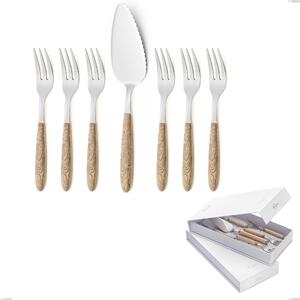 Confezione a libro 7 pezzi, forchettine pi� paletta dolce vero pino, acciaio 18.0 nickel free, manicatura pbt sublimato acciaio lucido