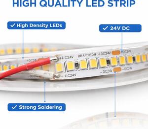 Striscia LED Braytron, rotolo da 10 metri, 24 V – Estremamente luminosa, 20 W/m – 240 LED/m – 2600 lm/m – CRI 80 – 26.000 lumen – Autoadesiva 3M – Striscia LED IP20 – 3000 K