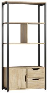 HOMCOM Libreria Stile Industriale con 3 Ripiani, Armadietto con Anta e 2 Cassetti, Effetto Legno Naturale, 58x24x122 cm, Nero | Aosom Italy