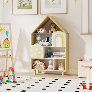 Costway Libretto scaffale per bambini a forma di casa, Libreria per bambini libreria a forma di casa con 2 ante Naturale