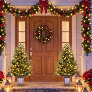 Costway Set di 2 alberi di natale in vaso da 120 cm e ghirlanda da 274 cm, Decorazioni natalizie preilluminate con 300 luci led 798 rami fitti