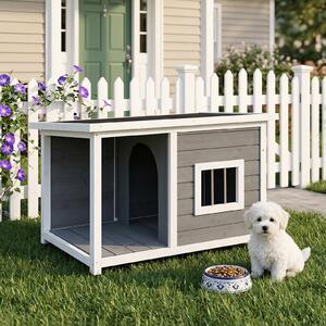 Costway Cuccia per cani e gatti in legno con terrazza tetto apribile pavimenti rimovibili e piedini rialzati, Casetta per gattiper esterno ed interno