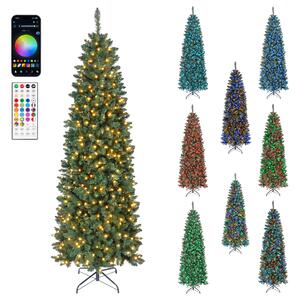 Costway Albero di natale slim con luci led regolabili per casa ufficio e negozi, Albero di natale artificiale con rami funzione timer telecomando 225 cm