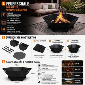 Braciere QLS 75x75 cm XXL - Braciere da esterno pieghevole in acciaio, nero, per giardino 11486