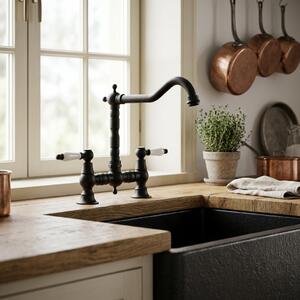 Miscelatore da cucina in stile vintage, nero con maniglia bianca, serie Heritage Aquanello