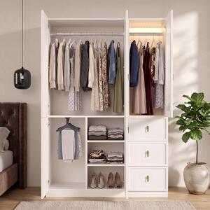 Armadio MODFU bianco, con 5 ante a battente, vetrina con LED e 3 cassetti, anta in vetro smerigliato e porta pantaloni estraibile, dimensioni 135x48x200 cm