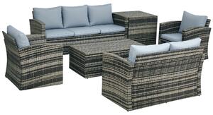 Set da Esterno 6 Pezzi con 2 Tavolini Contenitore 2 Divani e 2 Poltrone in Rattan e Acciaio Grigio