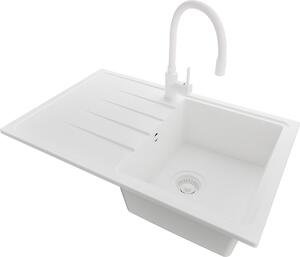 Lavello in granito PRIMAGRAN Tutto bianco 78x50cm, lavello 1 vasca + rubinetto cucina 38x14cm + set scarico, lavello cucina da base 45 cm - Milano