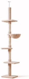PawHut Albero Tiragraffi Multilivello a Soffitto con Amaca e Altezza Regolabile, 40x34x230-260cm, Beige|Aosom