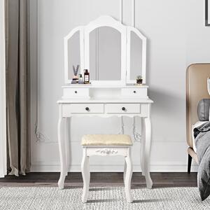 ML-Design tavolo da toeletta bianco, tavolo da toeletta con sgabello, 3 specchi pieghevoli e 4 cassetti, 75x140x40 cm, stile country, tavolo cosmetico per donne e ragazze