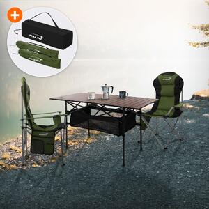 Set di mobili da campeggio Hauki 3 pezzi, tavolo pieghevole marrone con 2 sedie da campeggio kaki, inclusa borsa per il trasporto