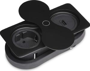 Presa da incasso angolare (1 x connessione USB / 1 x presa Schuko) nera incl. spina con copertura girevole push-to-open Elemento di presa per piani di lavoro e scrivanie di SOTECH