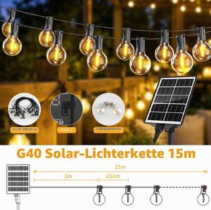 Catena luminosa solare Hoteril G40 per esterni, 15 metri – 19+2 luci LED in plastica PET, 2200K luce calda, grado di protezione IP65, 8 modalità + timer + ricaricabile tramite USB, batteria da 2400mAh per balcone, giardino, terrazza