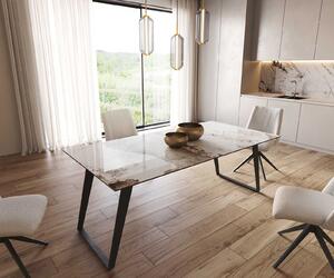 Tavolo da pranzo DELIFE Edge, 200x100 cm, piano in Vetroceramica Minas Melange, struttura in metallo nero, finitura bianco-beige, design inclinato