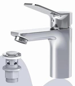 Miscelatore monocomando per lavabo con valvola a tappo e scarico a scomparsa, bocchetta corta, finitura cromata