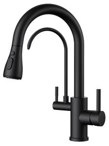 Rubinetto per lavello da cucina, miscelatore, tre vie, finitura opaca nera, girevole a 360°