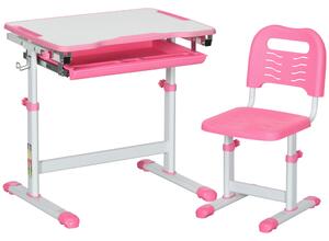 HOMCOM Banco Scuola per Bambini 6-12 Anni con Sedia e Altezza Regolabile, Piano Inclinabile, 66x47x52-77 cm, Rosa