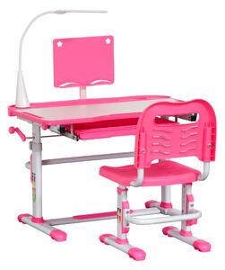 HOMCOM Set Scrivania per Bambini 6-12 Anni con Sedia Regolabile in Altezza, Cassetto, Luce e Piano Inclinabile, Rosa