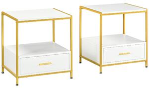 HOMCOM Set di 2 Comodini Moderni con Cassetto e Ripiano Aperto, 50x40x55cm, Bianco e Oro|Aosom