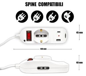 Ciabatta multipresa V-TAC con porta USB-C Power Delivery da 20 W, porta USB-A e 2 prese laterali