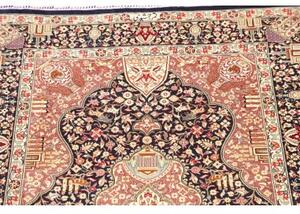 Tappeto Ghom Seta Medaglione Floreale Blu Notte Rosa Antico 81x121 Cm