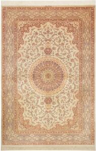 Tappeto Ghom Seta Medaglione Floreale Avorio Rosso Ruggine 160x243 Cm