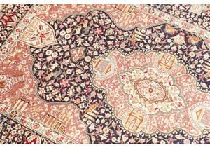 Tappeto Ghom Seta Medaglione Floreale Blu Notte Rosa Antico 81x121 Cm