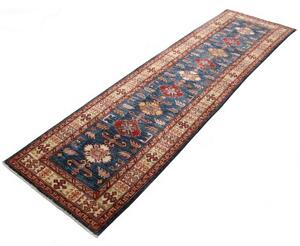 Tappeto Kazak Fine Stilizzato Blu Profondo Rosso Mattone Corsia 79x291 Cm