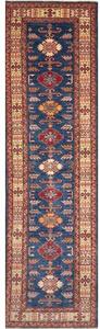 Tappeto Kazak Fine Stilizzato Blu Profondo Rosso Mattone Corsia 79x291 Cm