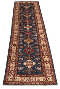 Tappeto Kazak Fine Stilizzato Blu Profondo Rosso Mattone Corsia 79x291 Cm