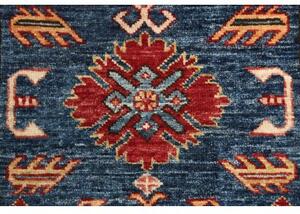 Tappeto Kazak Fine Stilizzato Blu Profondo Rosso Mattone Corsia 79x291 Cm