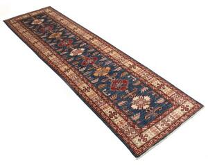 Tappeto Kazak Fine Stilizzato Blu Profondo Rosso Mattone Corsia 79x291 Cm