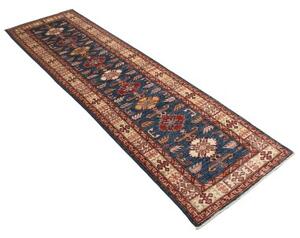 Tappeto Kazak Fine Stilizzato Blu Profondo Rosso Mattone Corsia 79x291 Cm