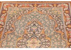 Tappeto Ghom Seta Medaglione Floreale Verde Acqua Bordeaux 102x153 Cm