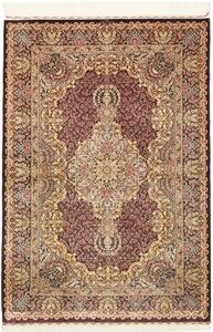 Tappeto Ghom Seta Medaglione Floreale Bordeaux Oro 103x148 Cm
