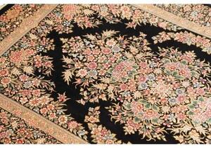 Tappeto Ghom Seta Medaglione Floreale Nero Beige 84x123 Cm