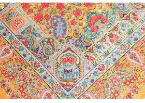 Tappeto Ghom Seta Medaglione Floreale Giallo Senape Blu Cielo 81x121 Cm