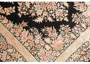 Tappeto Ghom Seta Medaglione Floreale Nero Beige 84x123 Cm
