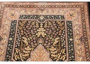 Tappeto Ghom Seta Medaglione Floreale Nero Avorio 77x121 Cm