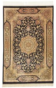 Tappeto Ghom Seta Medaglione Floreale Nero Beige 100x152 Cm